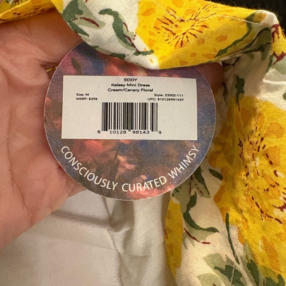 EDDY Kelsey Tie-Back Tiered Floral Mini Dress Medium Cream/ Canary Floral NWT - Picture 8 of 9